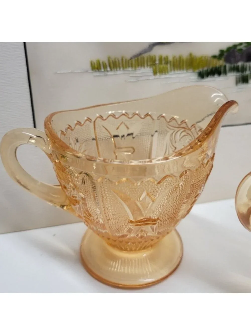 Westmoreland Glass Princess Feather Amber Golden Sunset Sugar Bowl & Creamer Set